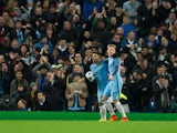 Sergio Aguero and Kevin De Bruyne celebrate after another Manchester City goal during the Champions League last 16 first leg against AS Monaco at the Etihad Stadium on February 21, 2017
