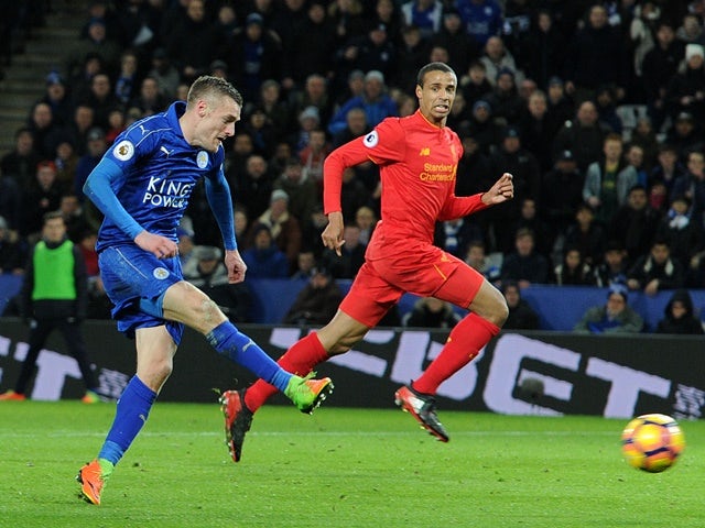 Jamie Vardy scores Leicester City's first goal against Liverpool on February 27, 2017