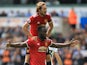 Daley Blind mounts Romelu Lukaku during the Premier League game between Swansea City and Manchester United on August 19, 2017