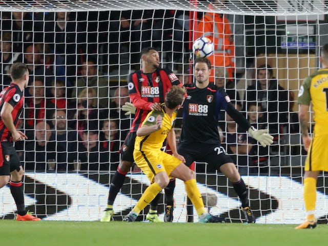 Dale Stephens's header comes back off the bar during the Premier League game between Bournemouth and Brighton & Hove Albion on September 15, 2017