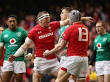 Wales' Hadleigh Parkes celebrates scoring their first try with Jonathan Davies against Ireland on March 16, 2019