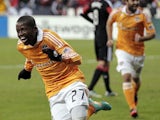 Boniek Garcia celebrates scoring for Houston Dynamo in the MLS playoff on November 18, 2012