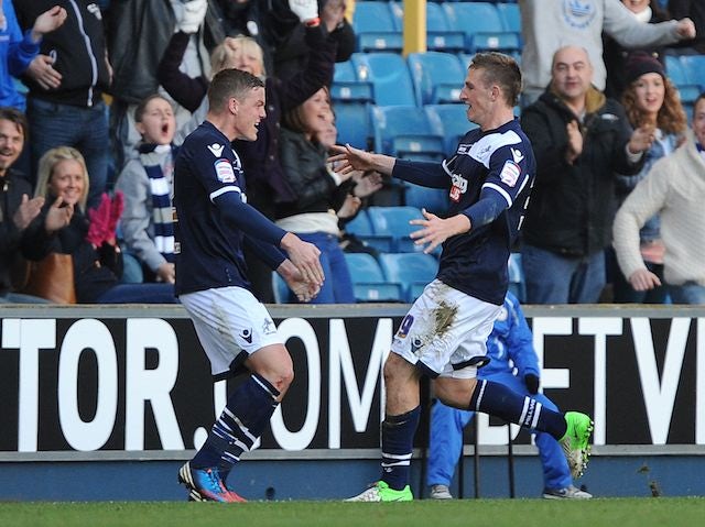 Chris Wood celebrates scoring for Millwall with Alan Dunne on November 18, 2012