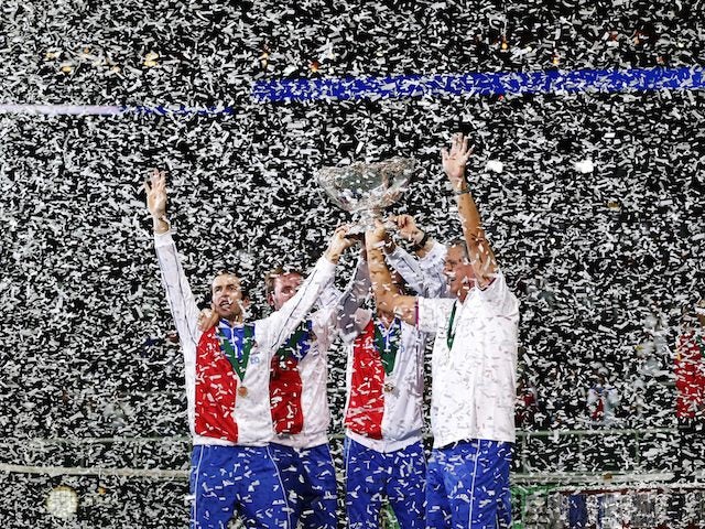 The Czech Republic team celebrate winning the Davis Cup on November 18, 2012