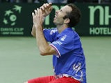 Radek Stepanek celebrates his win in the Davis Cup on November 18, 2012