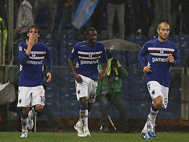 Andrea Poli celebrates moments after scoring for Sampdoria on November 25, 2012