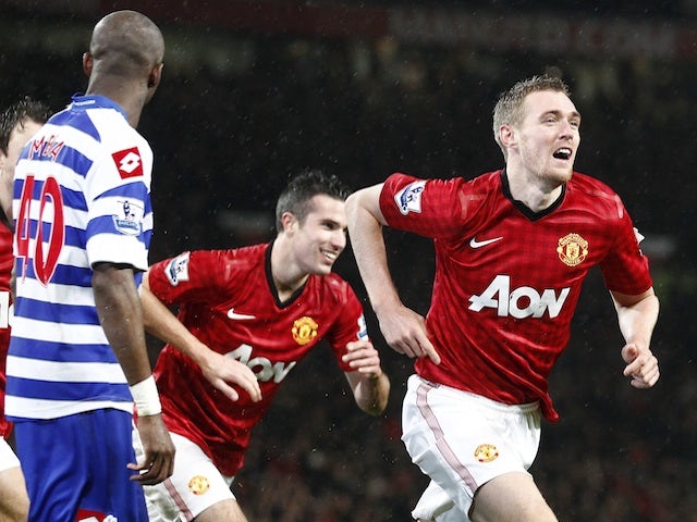 Man Utd midfielder Darren Fletcher wheels away after scoring the second versus QPR on November 24, 2012