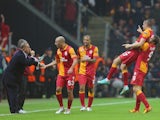 Galatasaray players celebrate a goal versus Manchester United on November 20, 2012