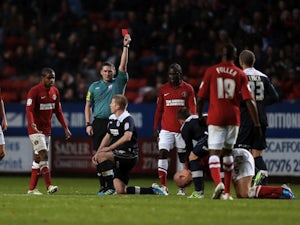 Huddersfield's Keith Southern is sent off against Charlton on November 24, 2012