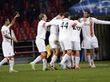 Shakhtar players celebrate a goal against Nordsjalland on November 20, 2012