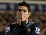 Luis Suarez moments after missing an opportunity to equalise against Tottenham on November 28, 2012