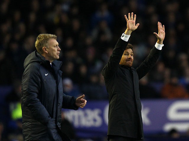 Everton manager David Moyes and Tottenham manager Andre Villas-Boas on the touchline on December 9, 2012