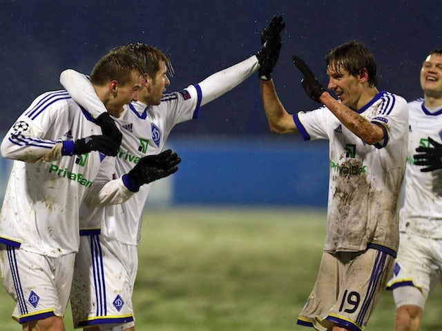 Dynamo Kiev players celebrate against Dinamo Zagreb on December 4, 2012