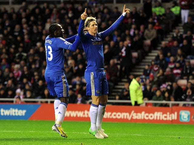 Chelsea striker Fernando Torres celebrates his second goal against Sunderland on December 8, 2012