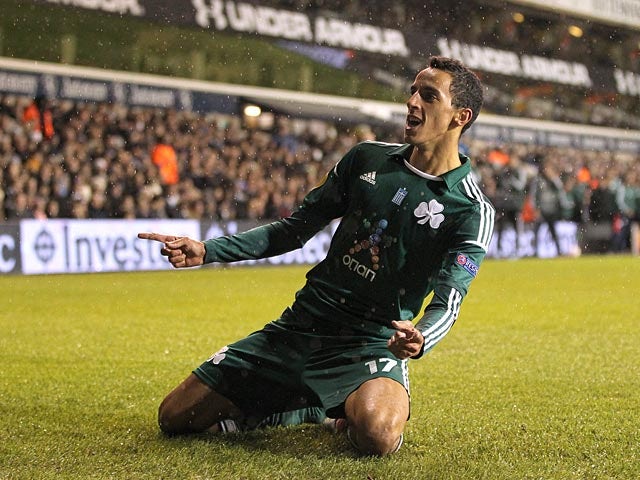 Panathinaikos' Jose Carlos celebrates scoring the equaliser against Tottenham on December 6, 2012