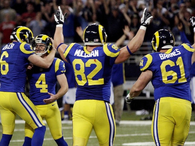 St Louis Rams players celebrate on December 2, 2012