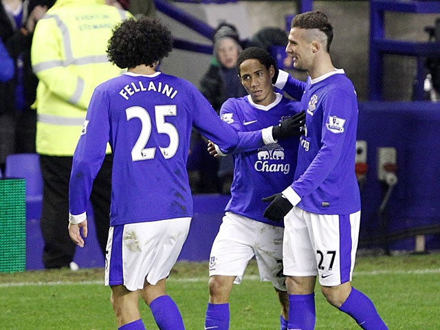 Steven Pienaar is congratulated by team mates after scoring the equaliser against Tottenham on December 9, 2012