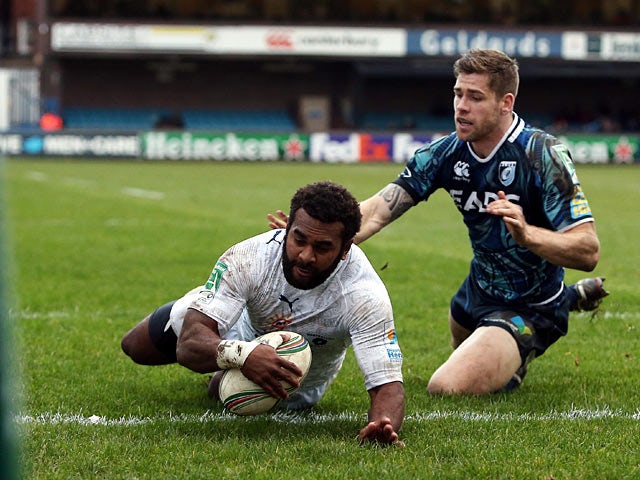 Montpelliers' Timoci Nagusa scores a try against Cardiff Blues on December 9, 2012