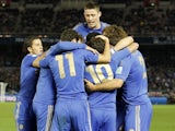 Chelsea players celebrate in their Club World Cup semi-final against Monterrey on December 13, 2012