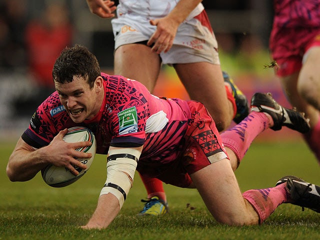 Exeter Chiefs' Ian Whitten scores his team's first try on December 15, 2012