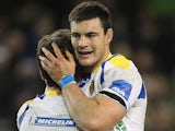 Clermont Auvergne's Loic Jacquet and Morgan Parra celebrate their win against Leinster on December 15, 2012