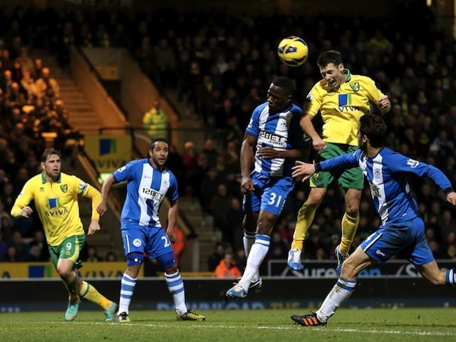 Norwich's Wes Hoolahan nods the ball in against Wigan on December 15, 2012