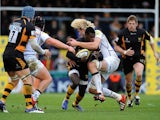 Wasps' Christian Wade is tackled by Sale Sharks' Richie Grey in a game on December 23, 2012