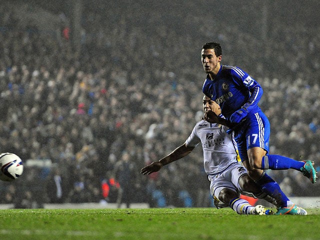 Chelsea's Eden Hazard slots home his team's fourth goal against Leeds on December 19, 2012