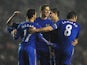 Chelsea's Fernando Torres is congratulated by team mates after scoring his team's fifth goal against Leeds on December 19, 2012