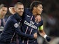 PSG defender Thiago Silva is congratulated by Jeremy Menez after a goal on December 4, 2012