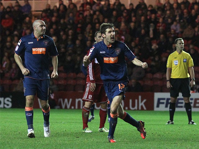Blackpool's Chris Basham celebrates scoring his team's second goal on December 29, 2012