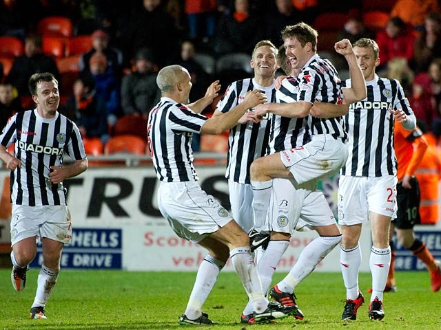 St Mirren's David Van Zanten is congratulated by team mates after scoring against Dundee United on December 30, 2012