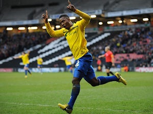 Coventry City's Franck Moussa celebrates scoring his goal on December 29, 2012