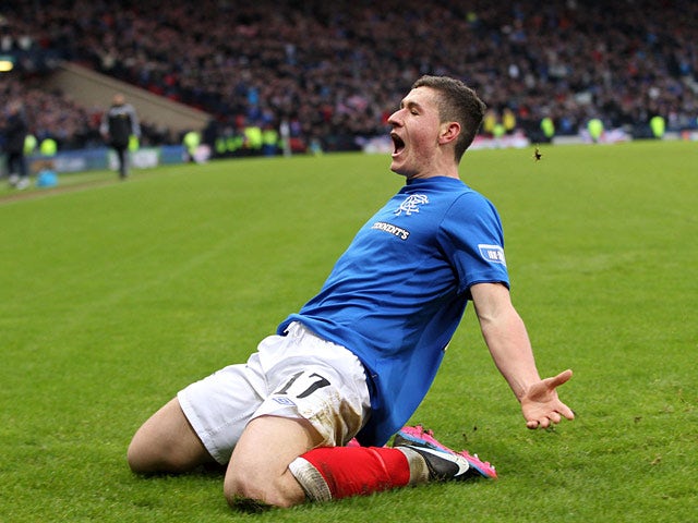 Rangers' Fraser Aird celebrates after scoring the winner in the final minute on December 29, 2012