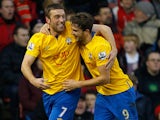 Jay Rodriguez is congratulated by team mate Rickie Lambert after his team's second goal on December 29, 2012