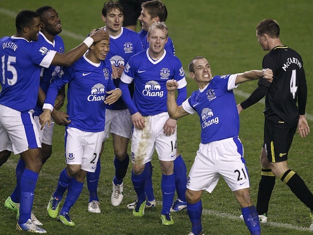 Everton's Leon Osman celebrates his goal against Wigan on Boxing Day 2012