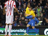 Rickie Lambert is congratulated by Jason Puncheon after scoring the opener against Stoke on December 29, 2012