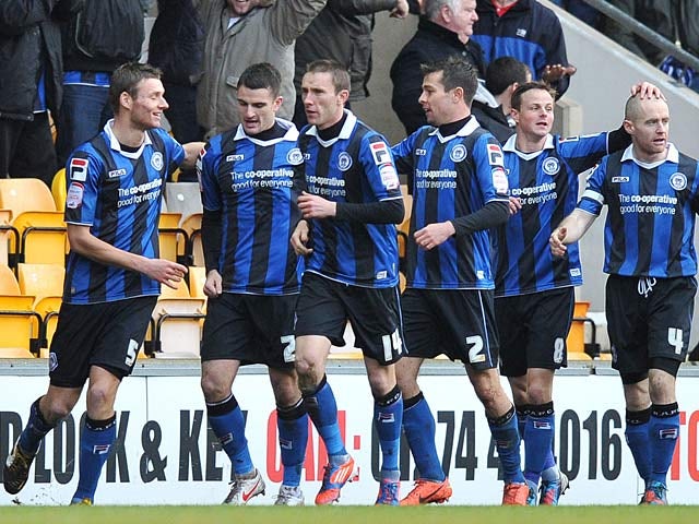 Terry Gornell is congratulated by team mates after scoring his first goal against Bradford on December 29, 2012