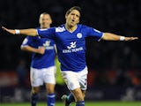 Leicester's Anthony Knockaert celebrates their fifth goal against Huddersfield on January 1, 2013