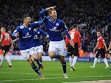 Leicester debutant Chris Wood celebrates his first goal against Huddersfield on January 1, 2013