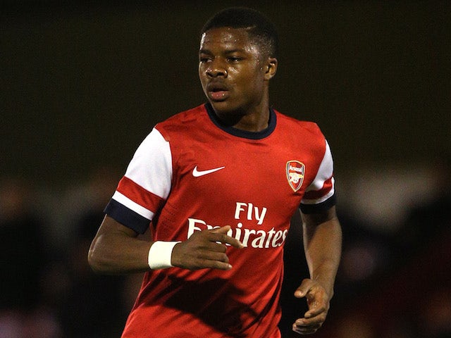 Chuba Akpom of Arsenal attacks during the UEFA Youth League match between Arsenal U19 and Borussia Dortmund U19 at Meadow Park on October 23, 2013