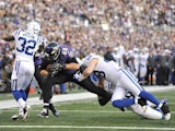 Ravens' Dennis Pitta bursts into the End Zone for a second half touchdown against Indianapolis on January 6, 2013