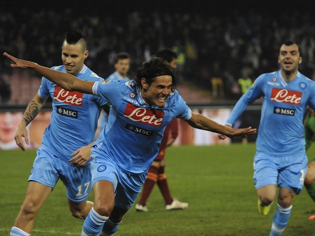 Napoli striker Edinson Cavani celebrates a goal against Roma on January 6, 2013