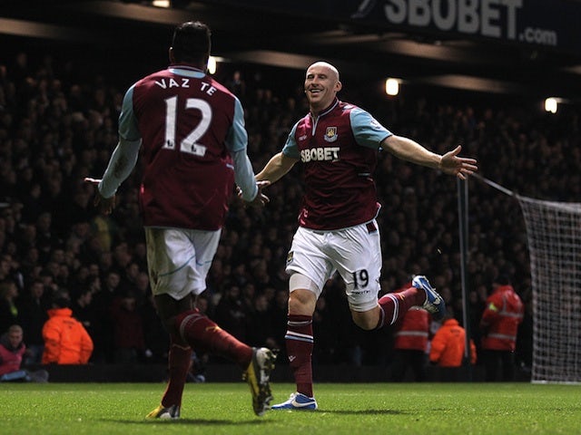 West Ham defender James Collins celebrates his equaliser against Man Utd with Ricardo Vaz Te on January 5, 2013