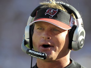 Coach Jon Gruden of the Tampa Bay Buccaneers directs play against the Oakland Raiders at Raymond James Stadium on December 28, 2008