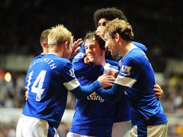 Everton players congratulate Leighton Baines after his equaliser against Newcastle on January 2, 2013