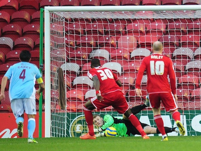 Hastings United goalie Liam O'Brien saves an Ishmael Miller penalty in the third round tie with Middlesbrough on January 5, 2013