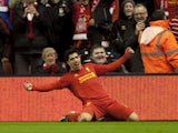 Liverpool striker Luis Suarez celebrates scoring his first goal against Sunderland on January 2, 2013