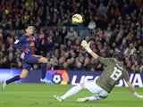 Barca striker Pedro clips the ball in for the third goal against Espanyol on January 6, 2013
