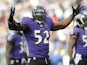 Veteran Ravens inside linebacker Ray Lewis reacts following a play against the Colts on January 6, 2013
